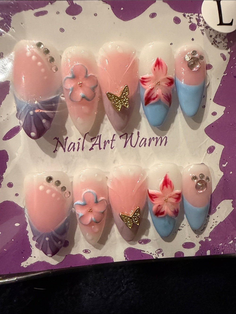 Pink Floral & Blue French Press-On Nail Set